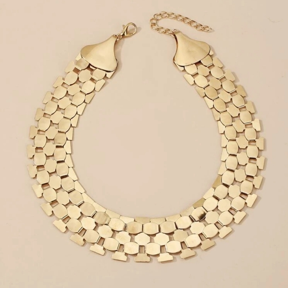Trendy Geometric Flat Layering Chain Choker Necklace in Gold Finish